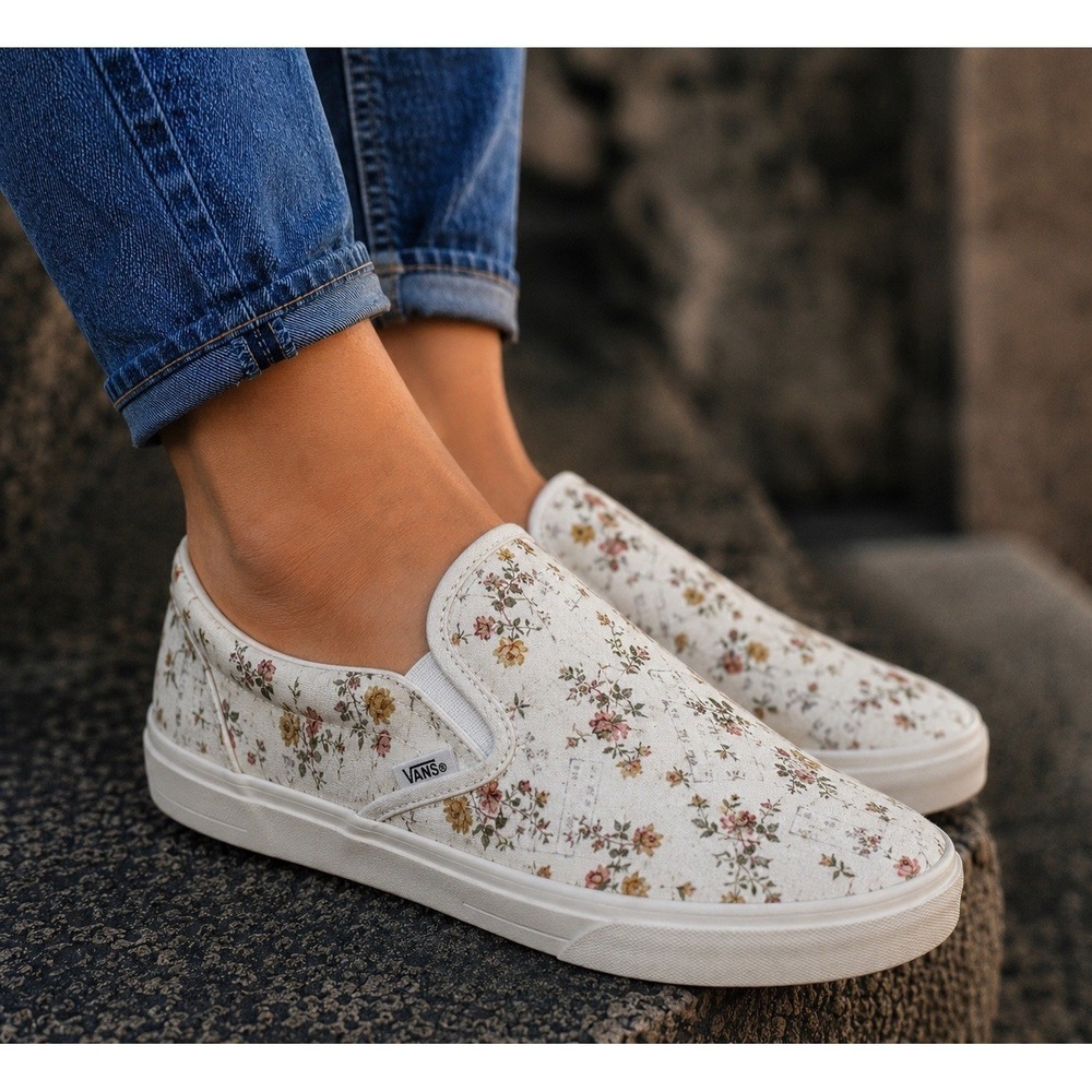 Vans Floral Marshmallow Slip On Canvas Sneaker Size 10 Skater Shoe Cottagecore